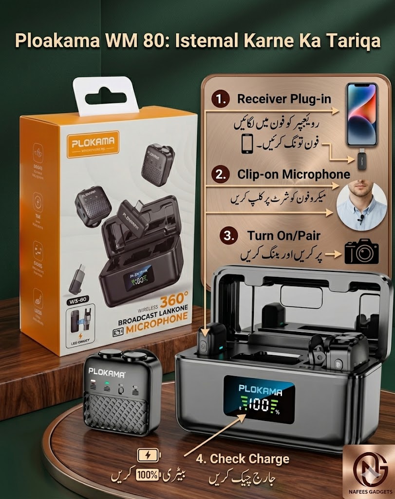 Ploakama WM 80 360° Wireless Microphone | Plug & Play Noise Reduction Mic for Mobile/DSLR