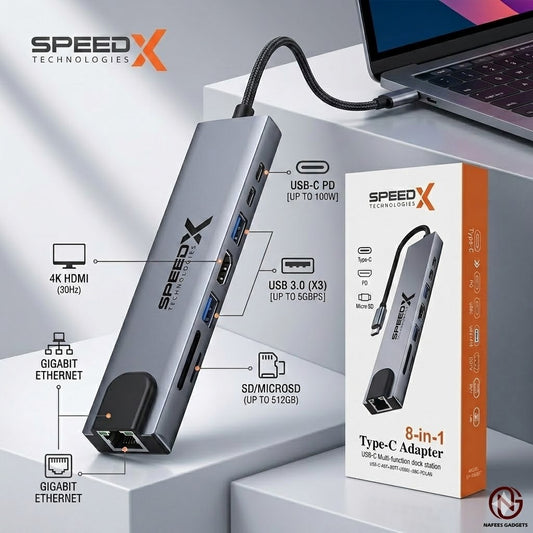 SPEED-X (SP-TC801) 8-in-1 Type-C Hub - 4K HDMI, USB 3.0, SD/TF Card Reader