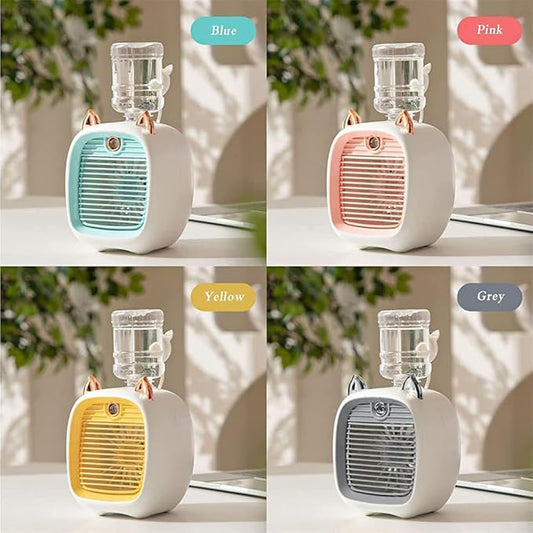 Portable Mini Air Cooler & Humidifier Fan – Rechargeable Desktop Water Mist Fan with Night Light & Cute Cat Ears Design