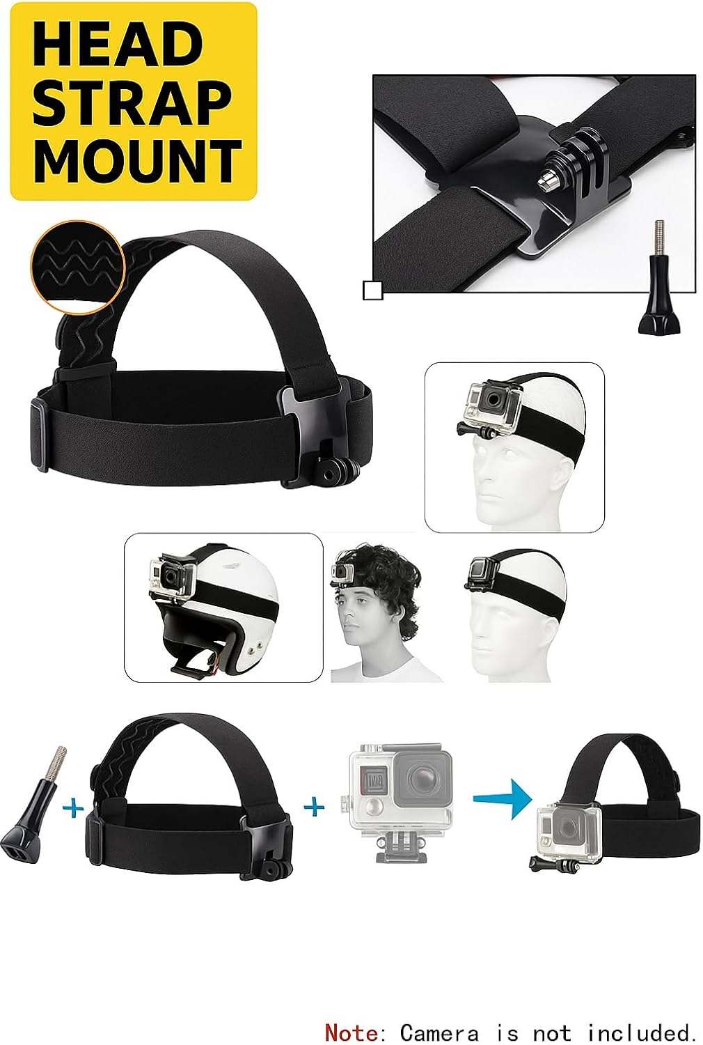 GoPro Head Strap Mount - Adjustable Elastic Head Belt for Action Cameras (Hero 11/10/9/8/7/6/5/4/3, Session & Insta360)