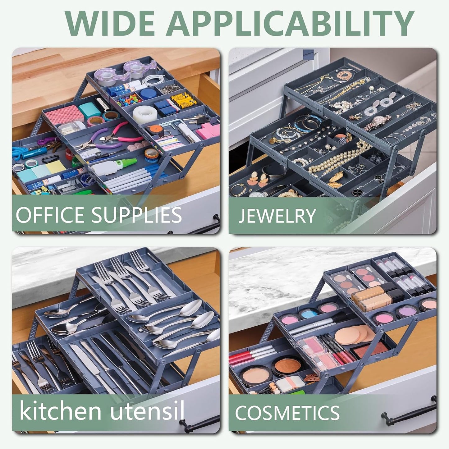 Multi-Tier Folding Drawer Organizer Tray Expandable Storage Box for Kitchen Utensils, Cosmetics, Jewelry, and Office Supplies
