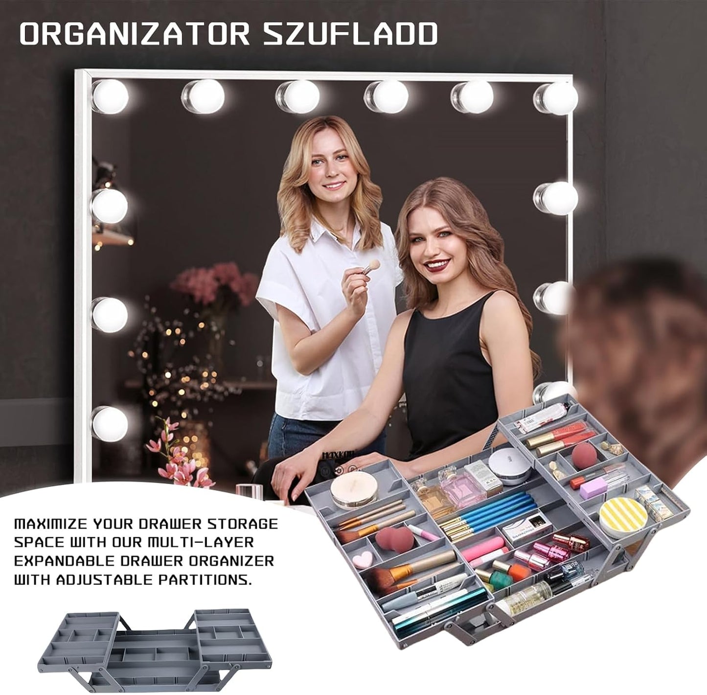 Multi-Tier Folding Drawer Organizer Tray Expandable Storage Box for Kitchen Utensils, Cosmetics, Jewelry, and Office Supplies