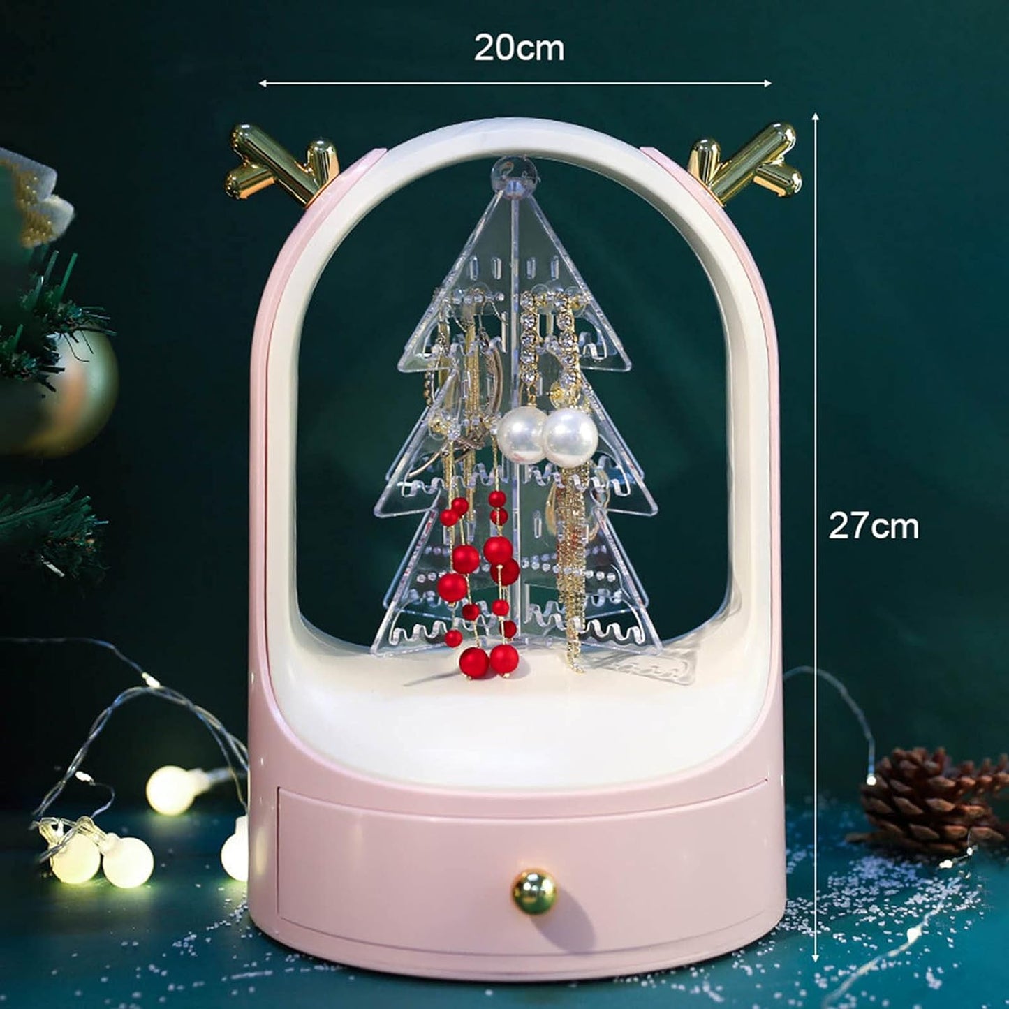 360 Rotating Jewellery Organizer Makeup Storage Box with 1 Drawer Earring Ring Display Holder Desktop Tree Drawer Type Jewellery Box