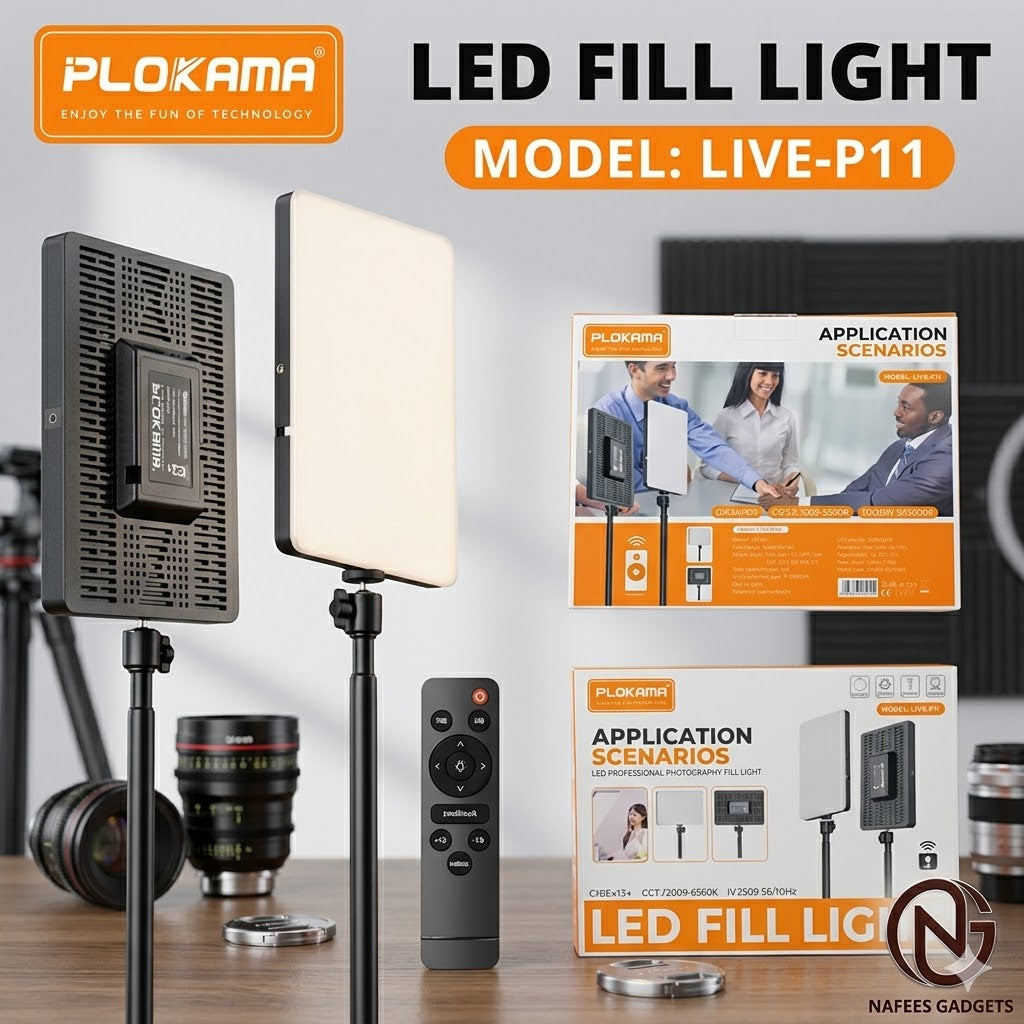 PLOKAMA Professional LED Fill Light Panel (Model: LIVE-P11) with Remote Control | Dimmable Studio Lighting for YouTube, Live Streaming, Photography & Makeup Tutorials