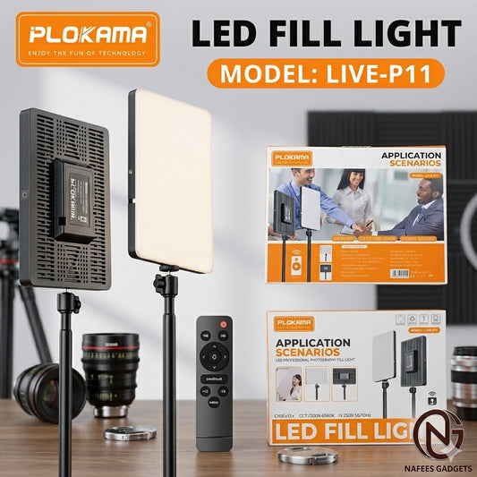 PLOKAMA Professional LED Fill Light Panel (Model: LIVE-P11) with Adjustable Stand & Remote Control | Dimmable Studio Lighting for YouTube, Live Streaming, Photography & Makeup Tutorials