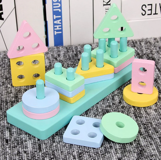 Education Colour Toys Intelligence Geometry Set Column Wooden Four Column Shape Sorter Stacking & Nesting Blocks Board with Rectangle Base Toy