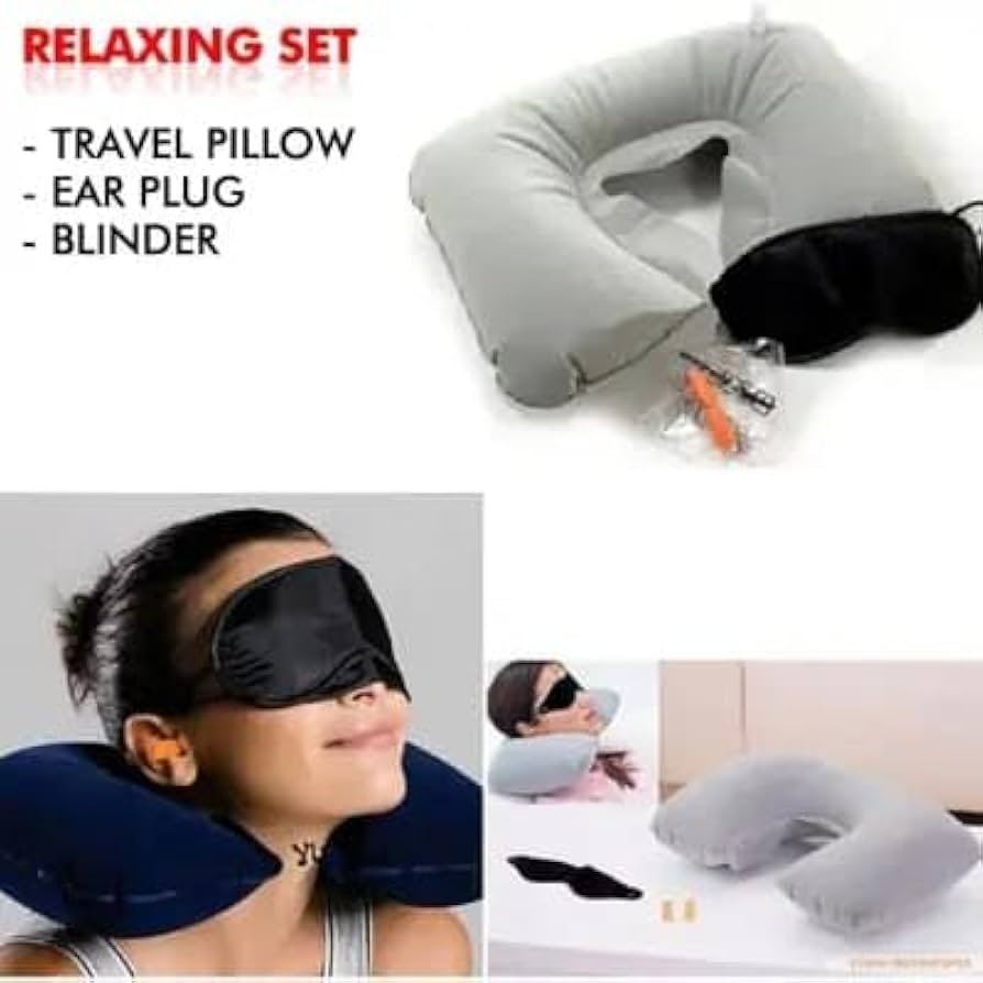 Premium 3-in-1 Travel Comfort Set: Inflatable Neck Pillow, Soft Eye Mask & Earplugs for Travel & Sleep – Nafees Gadgets