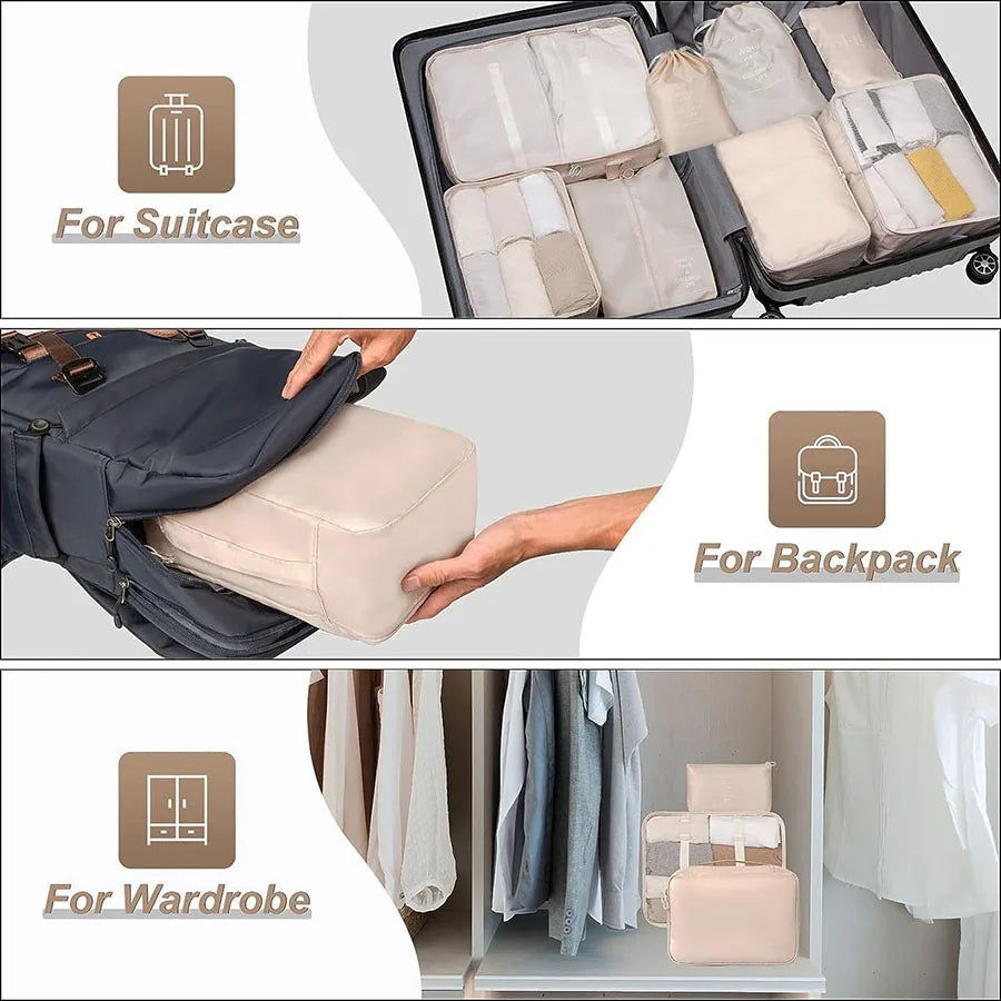 8pcs/Set Travel Storage Bag – Portable Luggage Organizer Clothes Tidy Pouch Zip Cube & Toiletry Bag – Multi