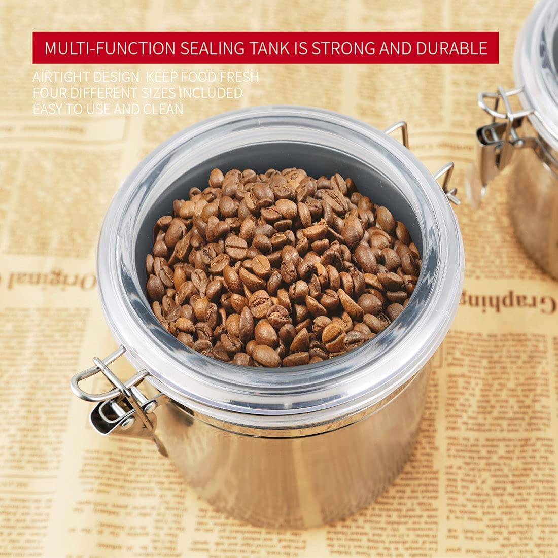 4Piece Stainless Steel Airtight Food Storage Canister Set with Clear Lid Cover Canister Sets for Kitchen Counter for Sugar, Flour, Tea, Candy, Cookie, Spice, Storage Canister Set