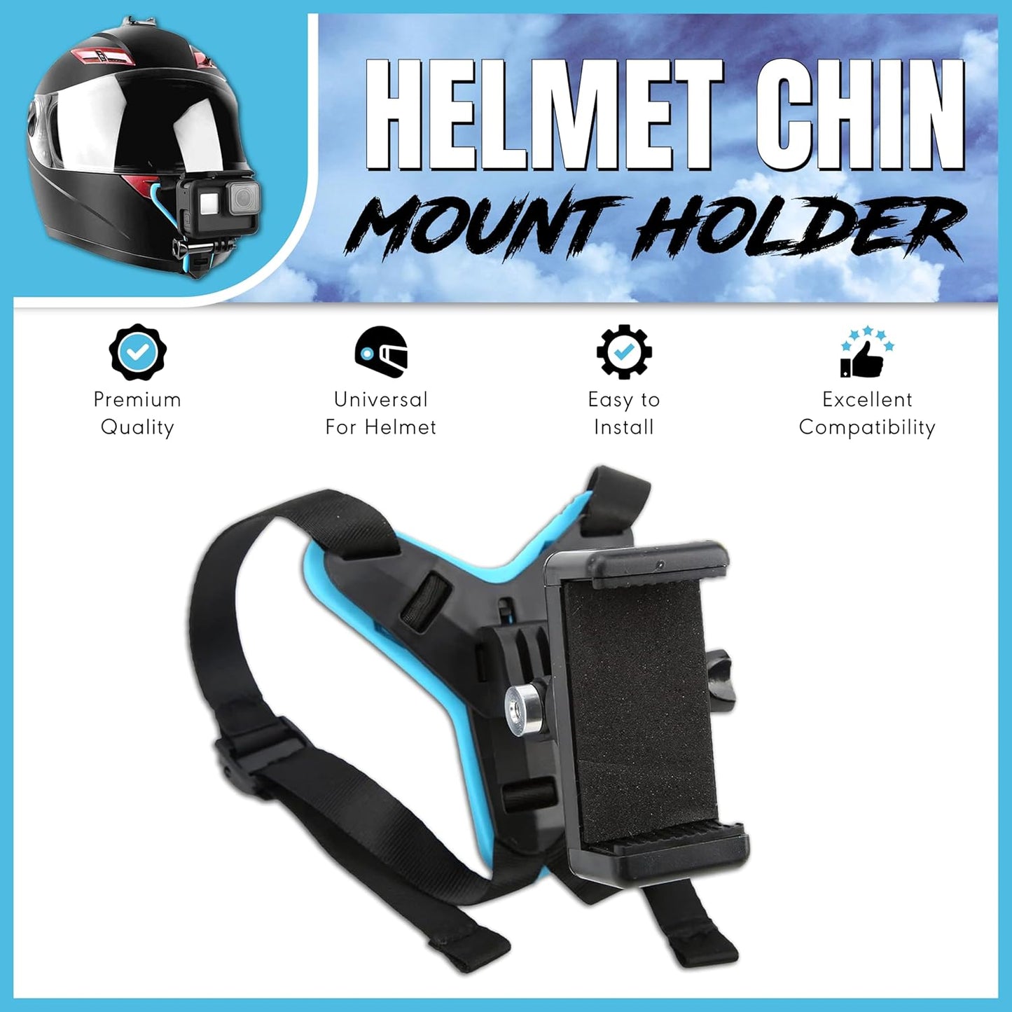 Professional Motorcycle Helmet Chin Mount Kit - Universal Helmet Strap Mount for Smartphones & Action Cameras (GoPro etc.) for Moto-Vlogging