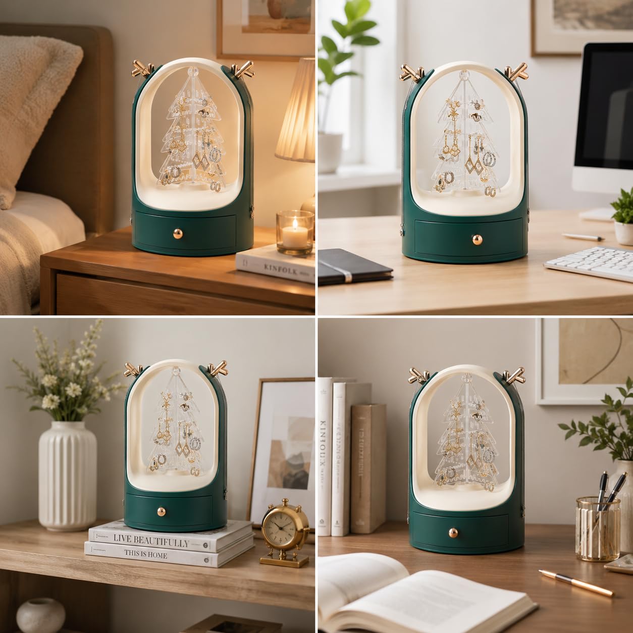 360 Rotating Jewellery Organizer Makeup Storage Box with 1 Drawer Earring Ring Display Holder Desktop Tree Drawer Type Jewellery Box