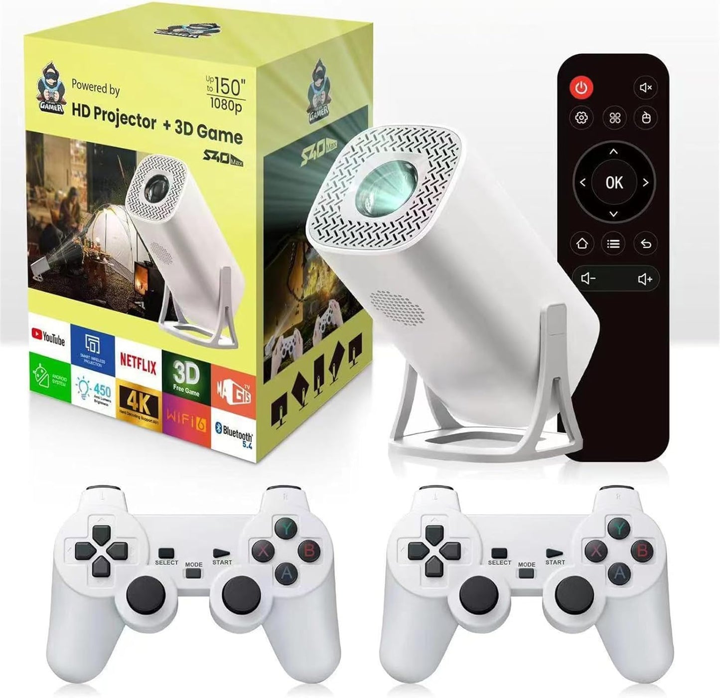 S40 Max Mini 4K Smart Projector – Android 11, 1080P HD, WiFi 6, 36000+ Built-in Games