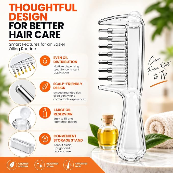 Liquid Hair Oil Applicator Comb Refillable Scalp Massager & Liquid Dispenser Oil Distribution Tool for All Hair Types & Growth Routines
