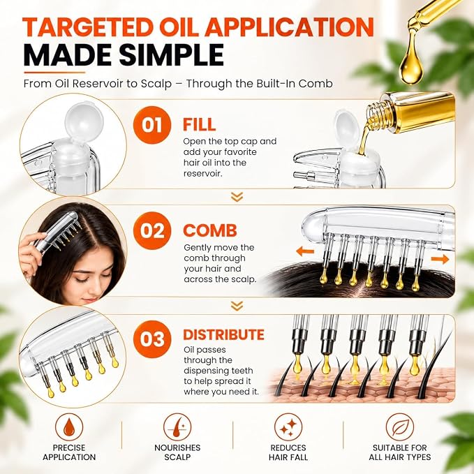 Liquid Hair Oil Applicator Comb Refillable Scalp Massager & Liquid Dispenser Oil Distribution Tool for All Hair Types & Growth Routines