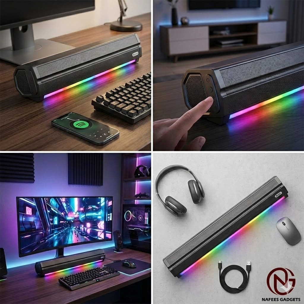 Kisonli LED-802 Wireless Bluetooth Soundbar - RGB Light Multimedia Speaker for PC & TV