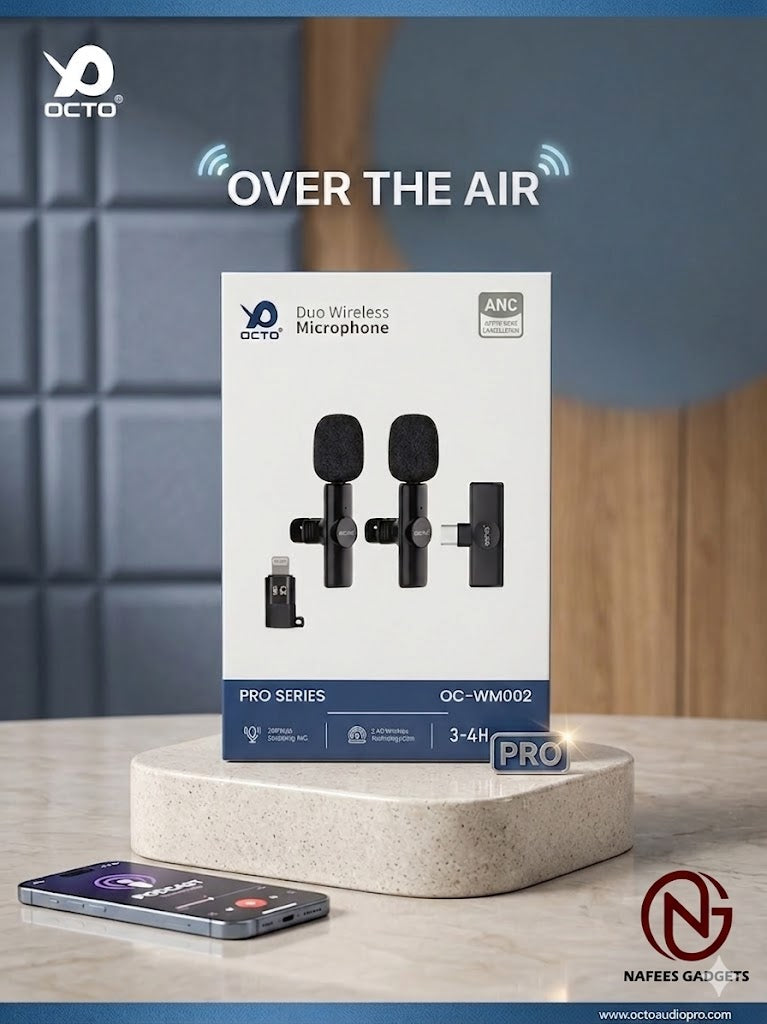 OCTO Pro Series Duo Wireless Microphone (OC-WM002) – 2-in-1 ANC Mic for Vlogging & Interviews (iPhone & Type-C)