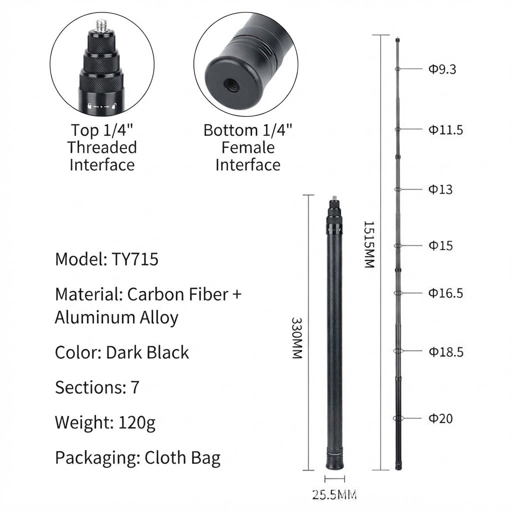 Suitable for Insta360X6/X5/X4 Invisible Carbon Fiber Selfie Stick Bullet Time Extension Telescopic Rod