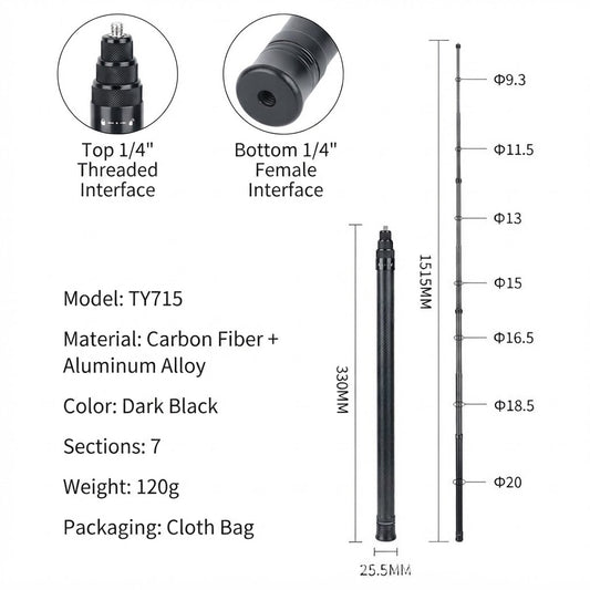 Suitable for Insta360X6/X5/X4 Invisible Carbon Fiber Selfie Stick Bullet Time Extension Telescopic Rod