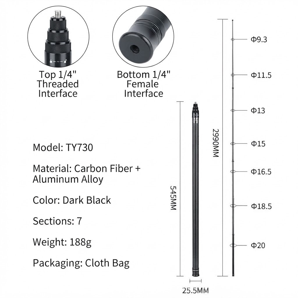 Suitable for Insta360X6/X5/X4 Invisible Carbon Fiber Selfie Stick Bullet Time Extension Telescopic Rod