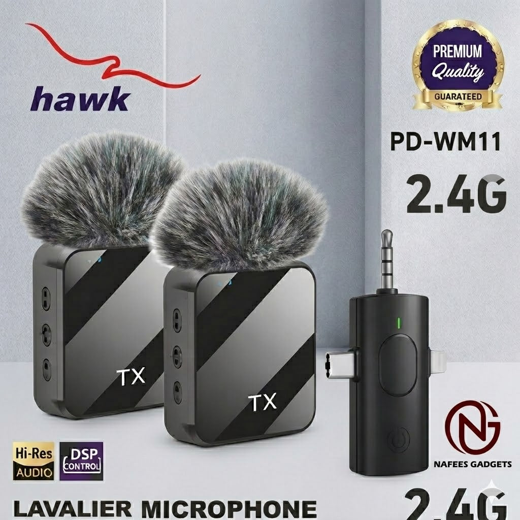 Hawk PD-WM11 Dual Wireless Lavalier Microphone | 3-in-1 Connector (iPhone, Type-C, 3.5mm) | Professional 2.4G Hi-Res Audio Mic with DSP Noise Control & Wind Muffs
