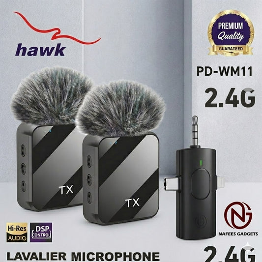 Hawk PD-WM11 Dual Wireless Lavalier Microphone | 3-in-1 Connector (iPhone, Type-C, 3.5mm) | Professional 2.4G Hi-Res Audio Mic with DSP Noise Control & Wind Muffs
