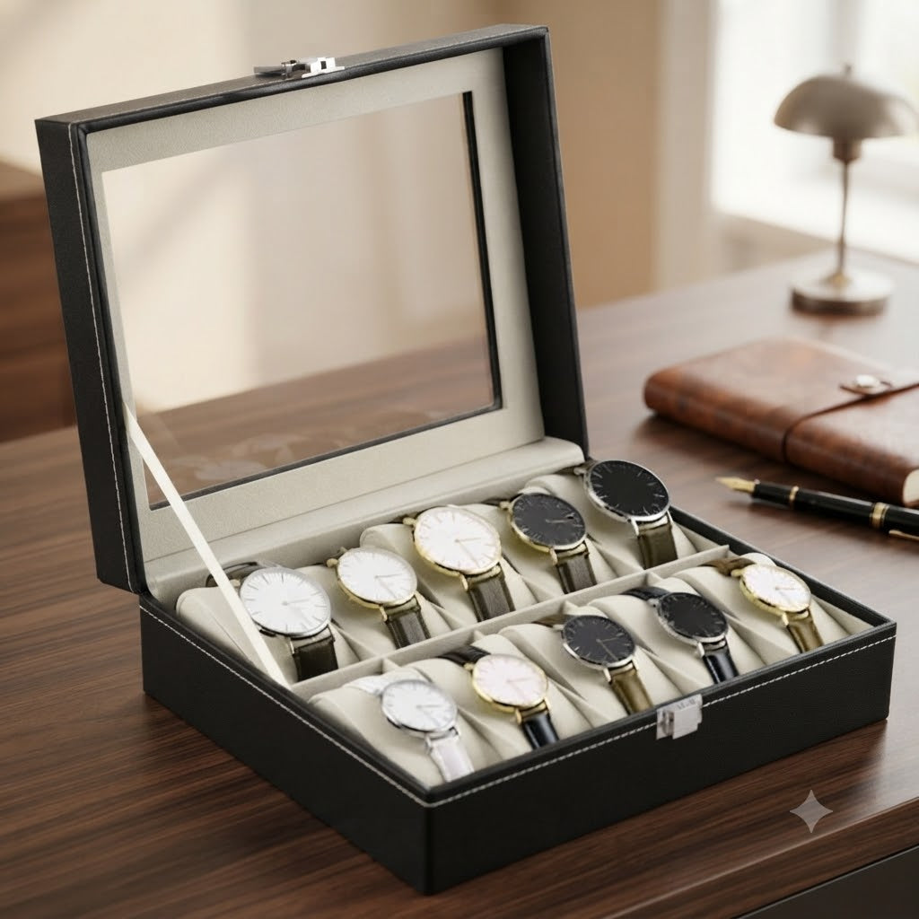 Premium Watch Display Box Leather Watch Storage Case with Glass Lid & Secure Lock