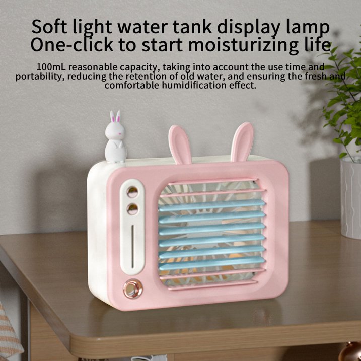 Retro TV Style Portable Air Cooler – Mini USB Humidifier Fan with Soft Night Light & 100mL Water Tank