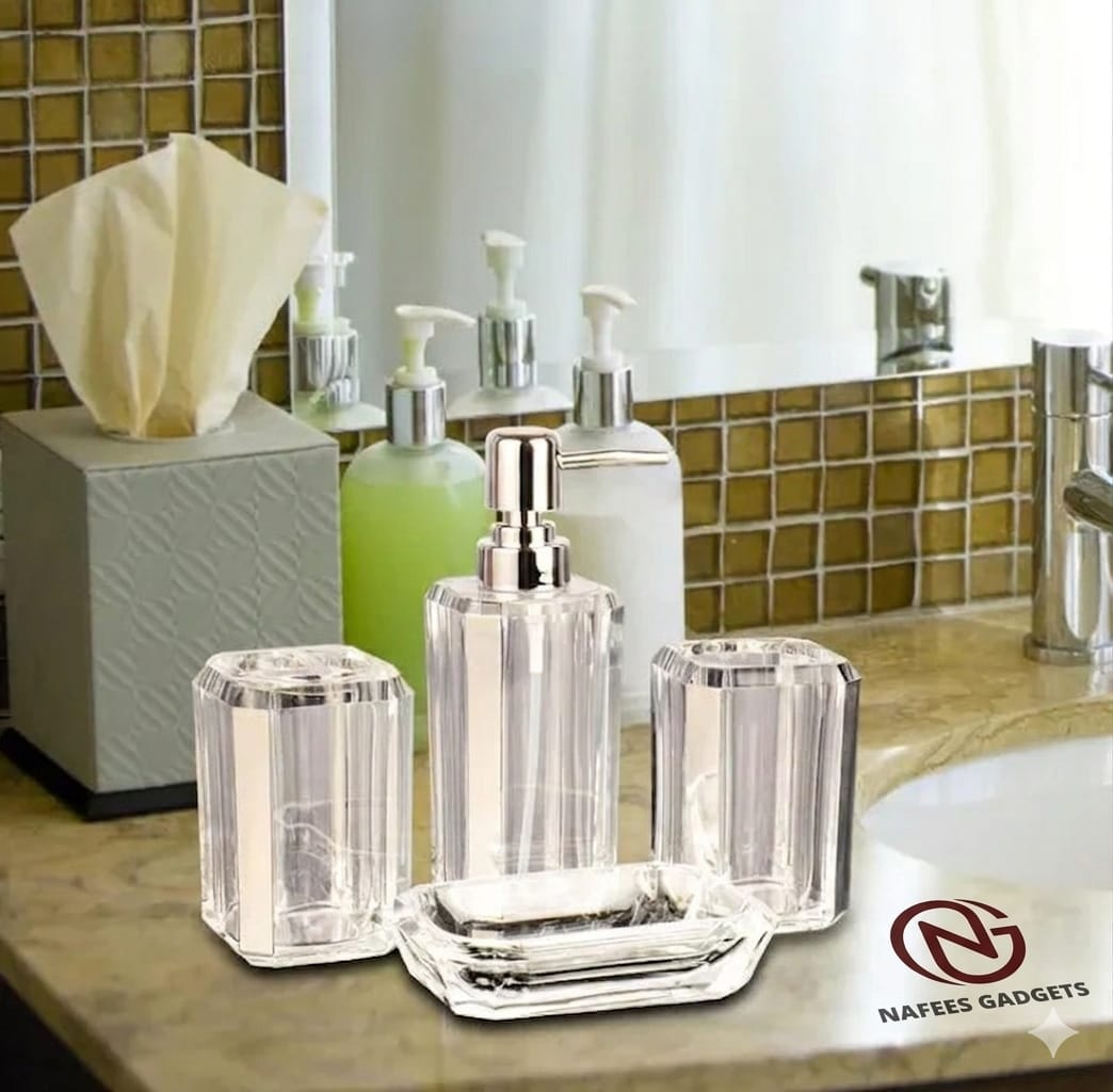 Luxury 4-Piece Crystal Clear Bathroom Accessories Set – Acrylic Soap Dispenser, Toothbrush Holder, Tumbler, and Soap Dish
