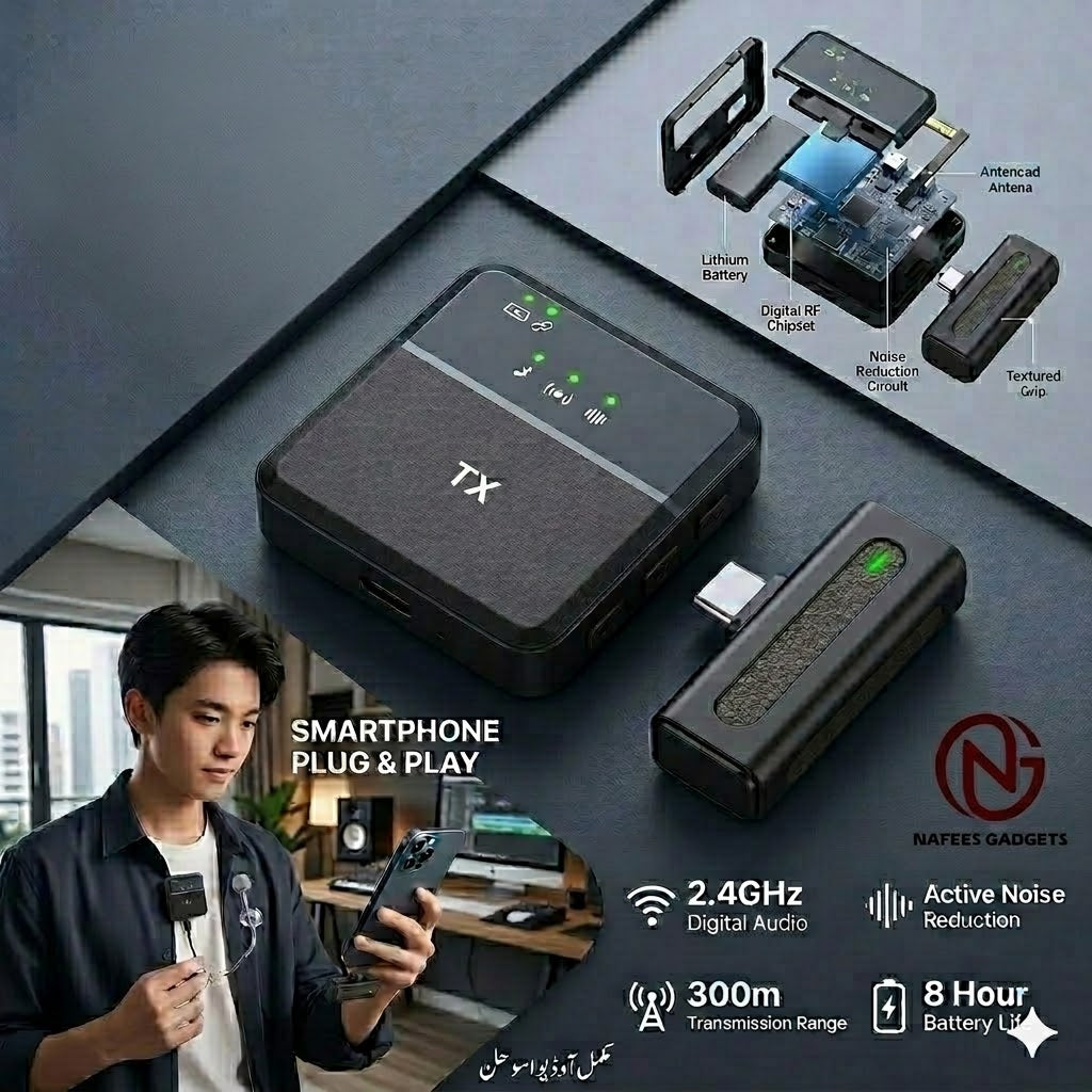 Professional Wireless Microphone System - 2.4GHz Plug & Play Mic with Noise Reduction & 300m Range (Type-C for Android/iPhone 15)