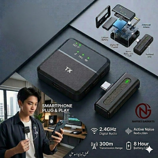 Professional Wireless Microphone System - 2.4GHz Plug & Play Mic with Noise Reduction & 300m Range (Type-C for Android/iPhone 15)