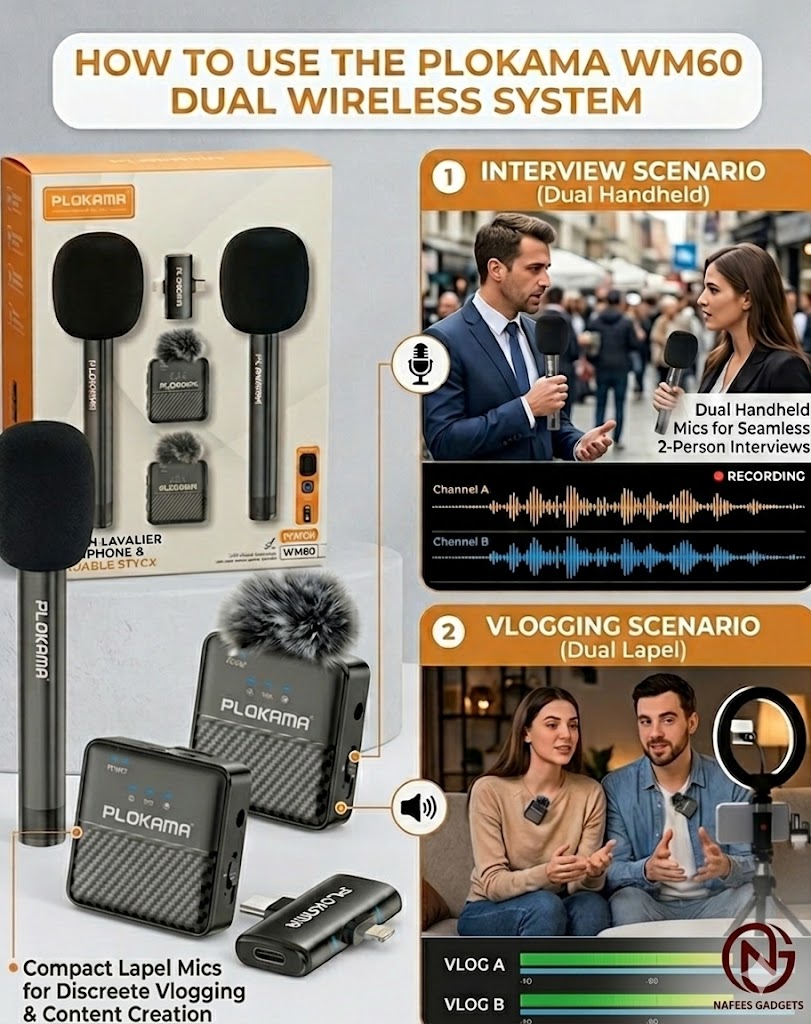PLOKAMA WM60 Wireless Lavalier Microphone - Dual Mic System for Vloggers, YouTube & Interviews (Crystal Clear Sound)