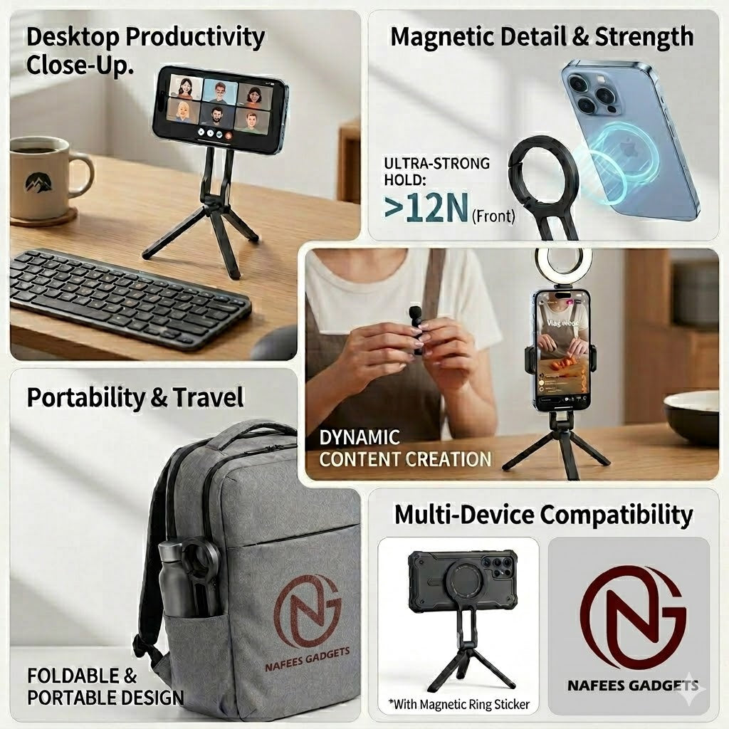 Magnetic Tripod Stand for iPhone & Android | Strong MagSafe Compatible Phone Holder | 360° Rotation for Vertical & Horizontal Modes | Ultra-Stable Portable Desktop Stand