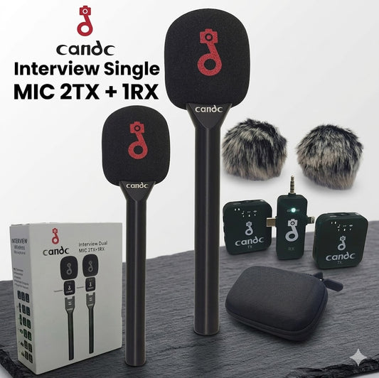 Candc Professional Dual Wireless Interview Microphone - 2TX + 1RX Wireless Mic for Journalists, Vloggers & Content Creators