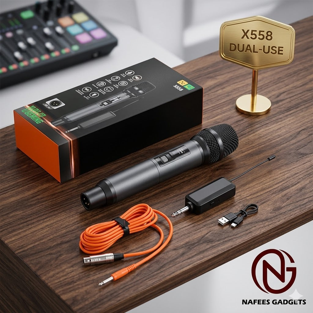 Professional Wireless Microphone X558 - Dual Mode (Wired & Wireless) Handheld Mic with Rechargeable Receiver for Events, Karaoke & Speeches