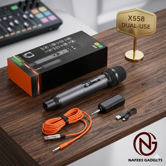 Professional Wireless Microphone X558 - Dual Mode (Wired & Wireless) Handheld Mic with Rechargeable Receiver for Events, Karaoke & Speeches