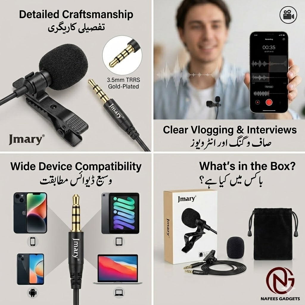 Jmary Professional Lavalier Microphone - External Clip-on Lapel Mic for Smartphones, Laptops & Tablets - Noise Reduction Mic for Vlogging & Interviews