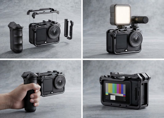 A6 Action Camera Street Photography Handle Set with Protective Cage & Cold Shoe Mount – Ergonomic Grip for Vlogging & Action Filmmaking
