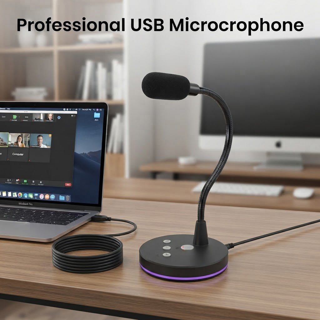 USB Desktop Microphone with Mute Button & LED Light for PC, Laptop, Gaming, Streaming & Meetings