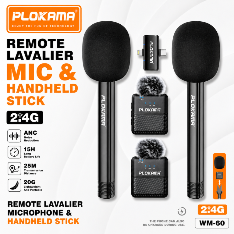 PLOKAMA WM60 Dual Wireless Lavalier Microphone - Noise Reduction Mic for Vlogging & Interviews