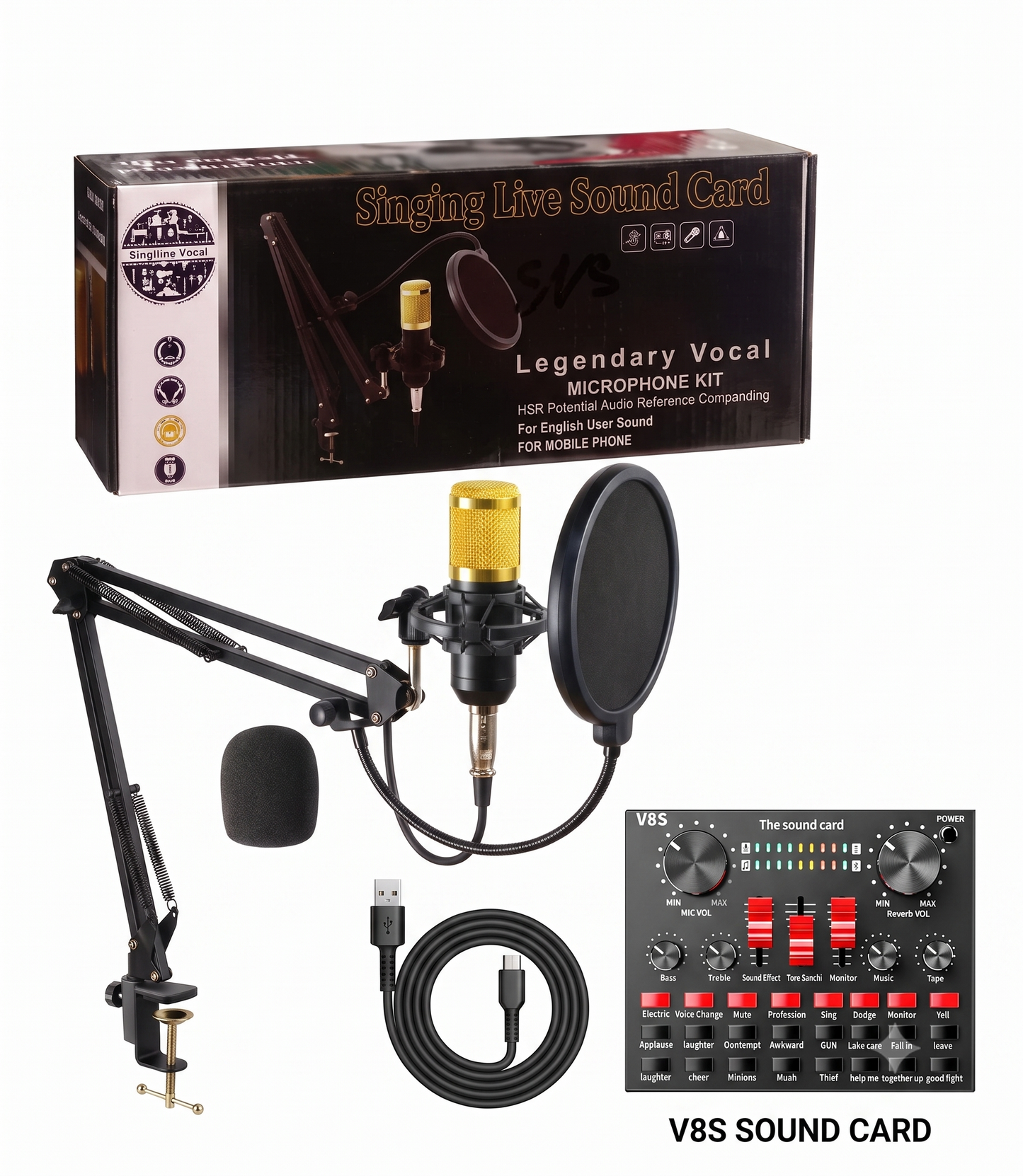 BM800 V8S Condenser Microphone Bundle - Complete Studio Kit with Live Sound Card & Scissor Arm Stand