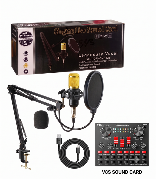 BM800 V8S Condenser Microphone Bundle - Complete Studio Kit with Live Sound Card & Scissor Arm Stand