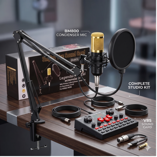 BM800 V8S Condenser Microphone Bundle - Complete Studio Kit with Live Sound Card & Scissor Arm Stand