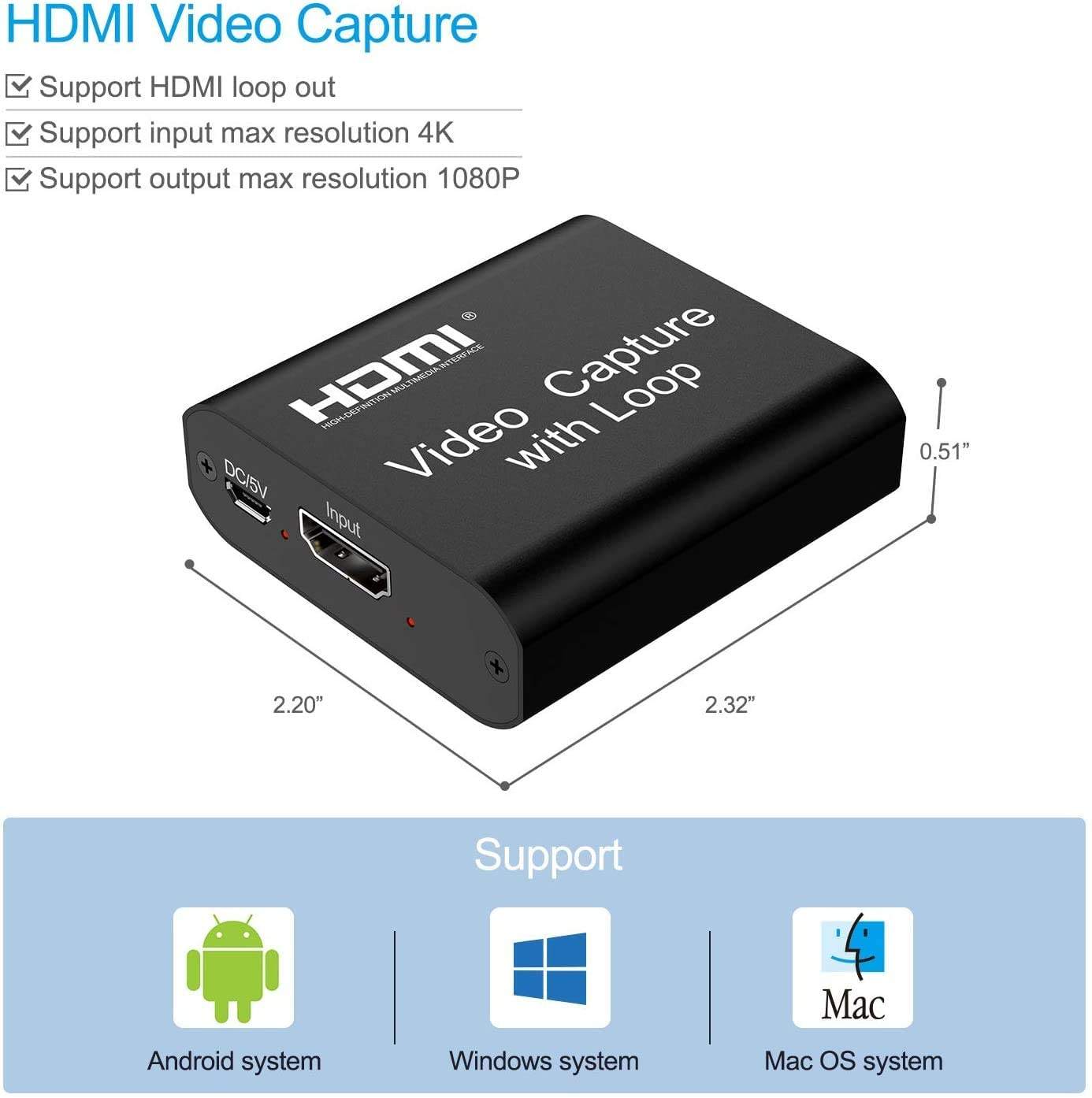 HDMI Video Capture Card with Loop Out 4K 1080p USB Live Streaming Device