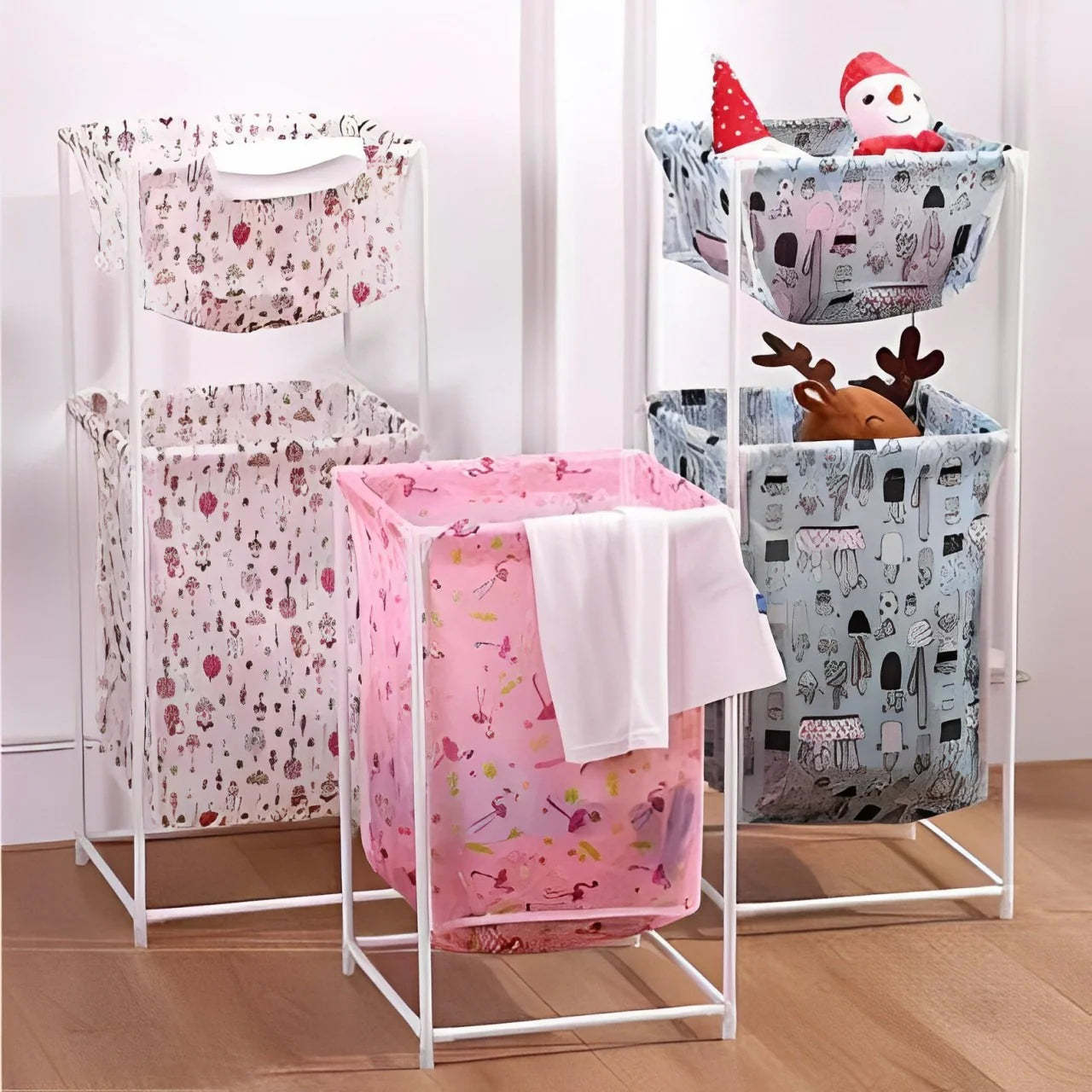 Double Layer Fabric Folding Hamper Portable Dirty Cloth Storage Basket Square Shape