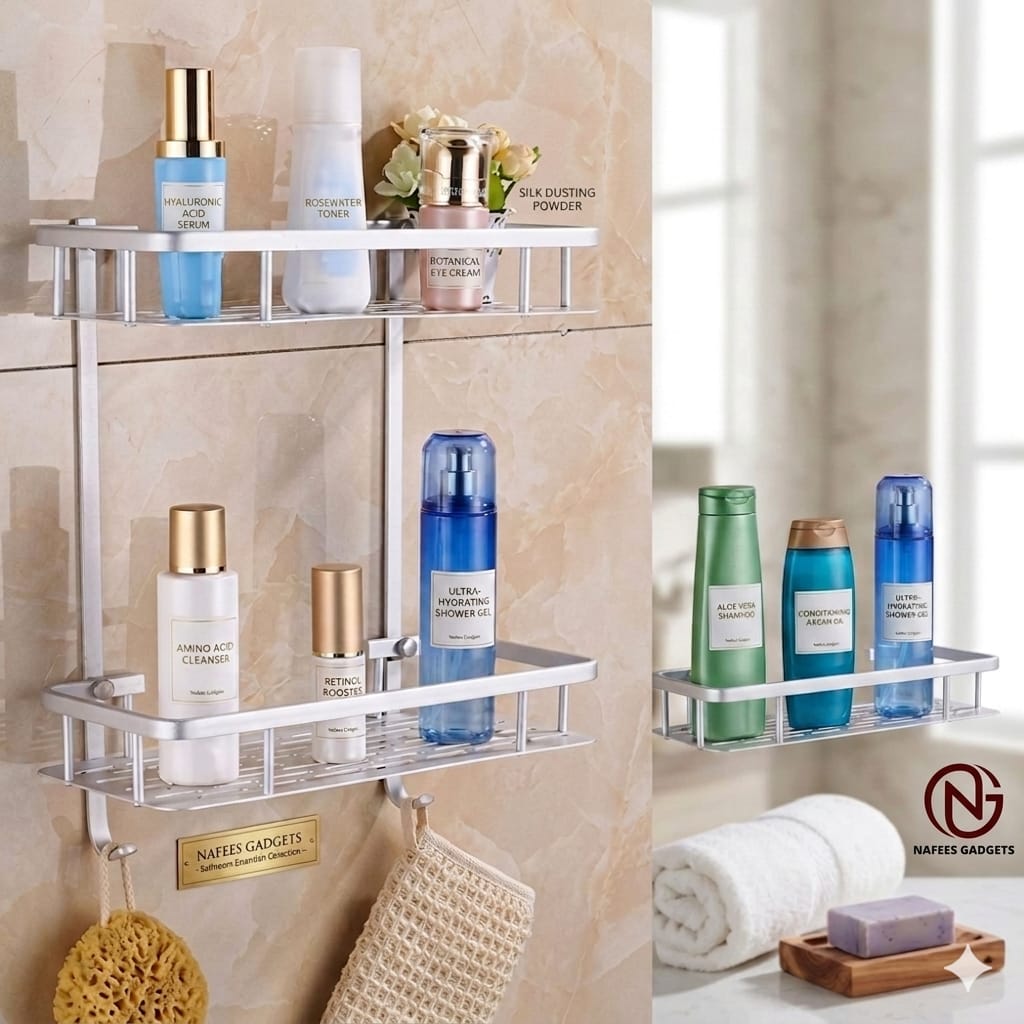Premium 2-Layer Aluminum Bathroom Shelf – Wall Mounted Shower Caddy & Kitchen Storage Rack – Rust-Proof Organizer