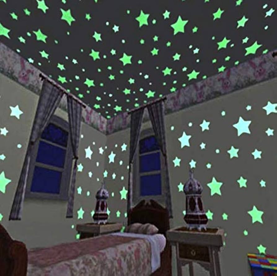 Pack of 100 - 3D Glow in the Dark Stars Wall Stickers | Luminous Fluorescent Decals for Kids Room, Baby Nursery, Bedroom & Ceiling Decor | Self-Adhesive Space-Themed Home Decor (UV Reactive)