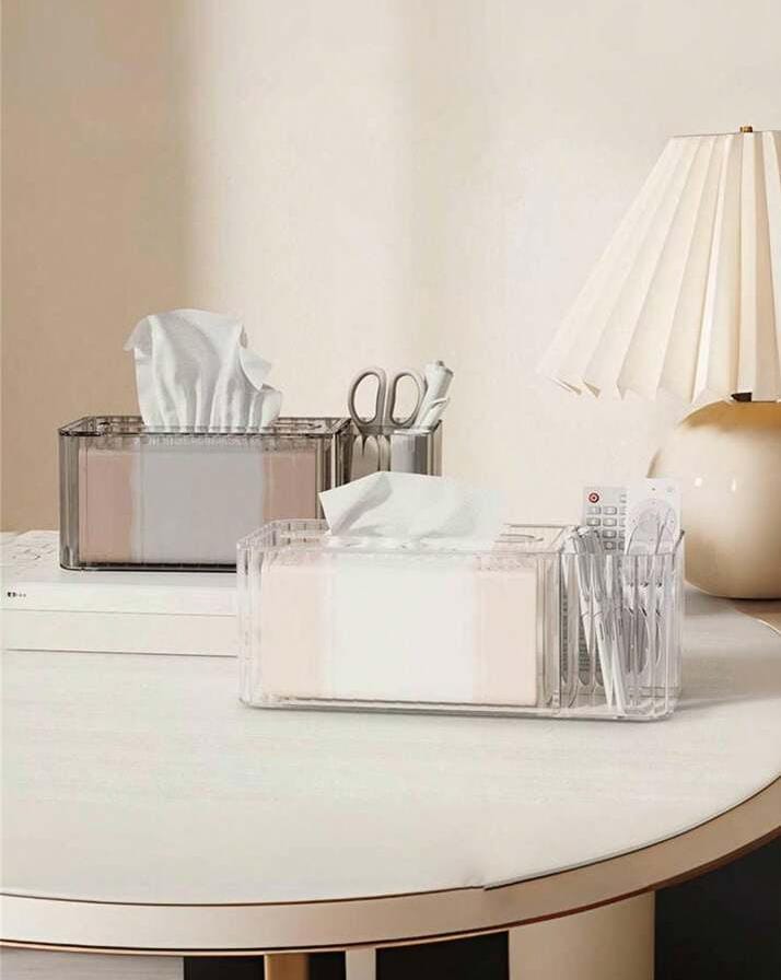 Multi-Functional Luxury Acrylic Storage Tissue Box Transparent Design Suitable For Living Room, Study, Dressing Table, Bathroom, Kitchen, Bedroom With Separate Storage Compartments