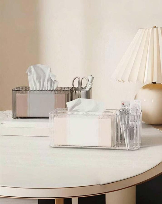 Multi-Functional Luxury Acrylic Storage Tissue Box Transparent Design Suitable For Living Room, Study, Dressing Table, Bathroom, Kitchen, Bedroom With Separate Storage Compartments