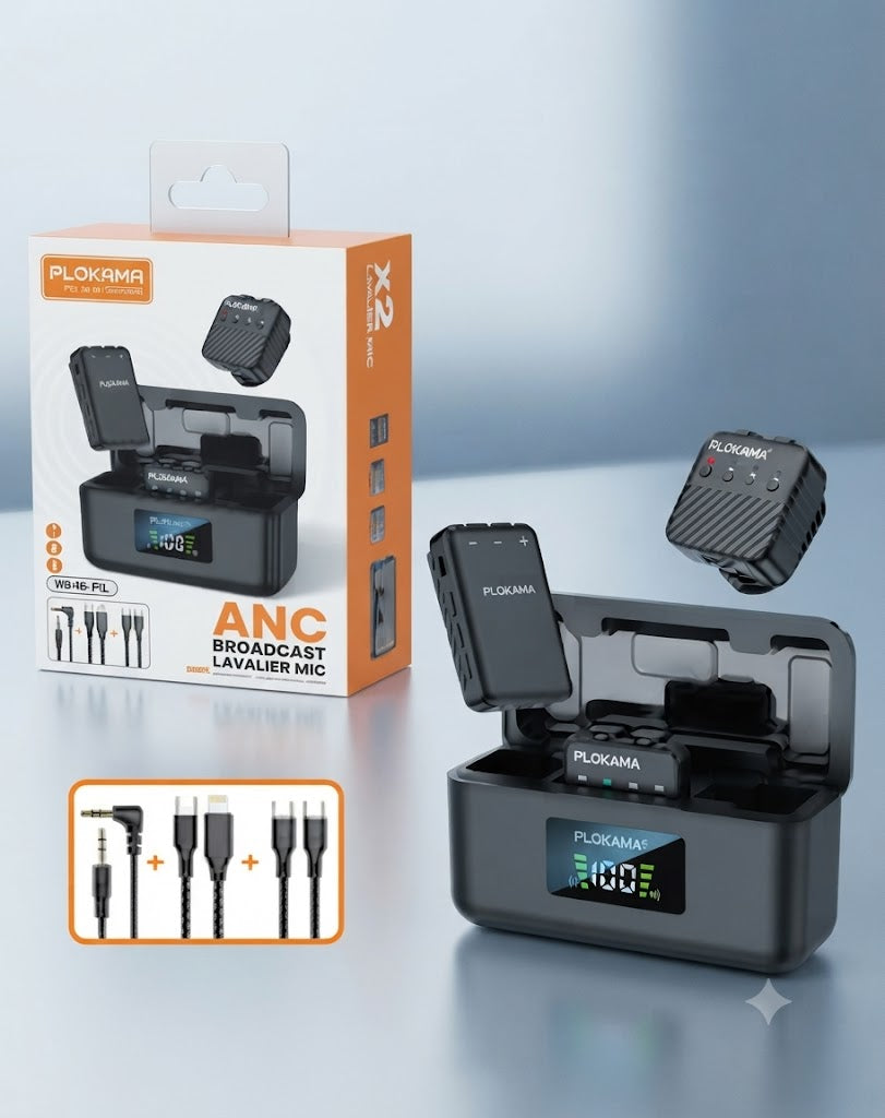 PLOKAMA VM80 Pro ANC Wireless Lavalier Microphone System - Dual Mic Set with Charging Case, Noise Cancellation, Compatible with iPhone, Android & Cameras