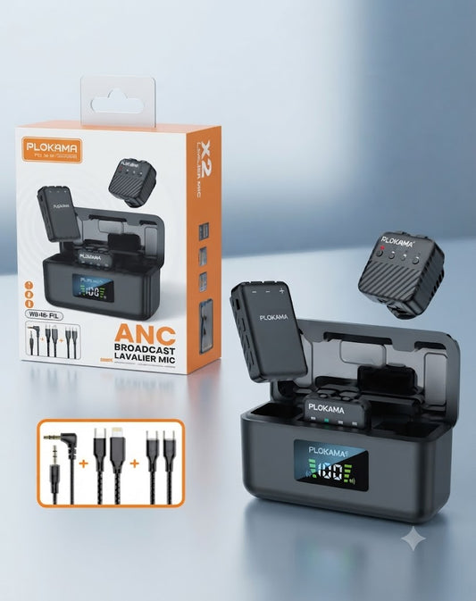 PLOKAMA VM80 Pro ANC Wireless Lavalier Microphone System - Dual Mic Set with Charging Case, Noise Cancellation, Compatible with iPhone, Android & Cameras